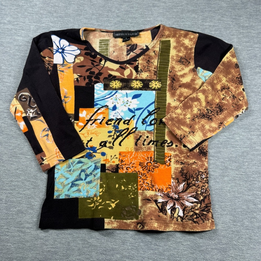 Mirror Image Top Women M Multi Print Long Sleeve Crew Neck Cotton Casual T-Shirt